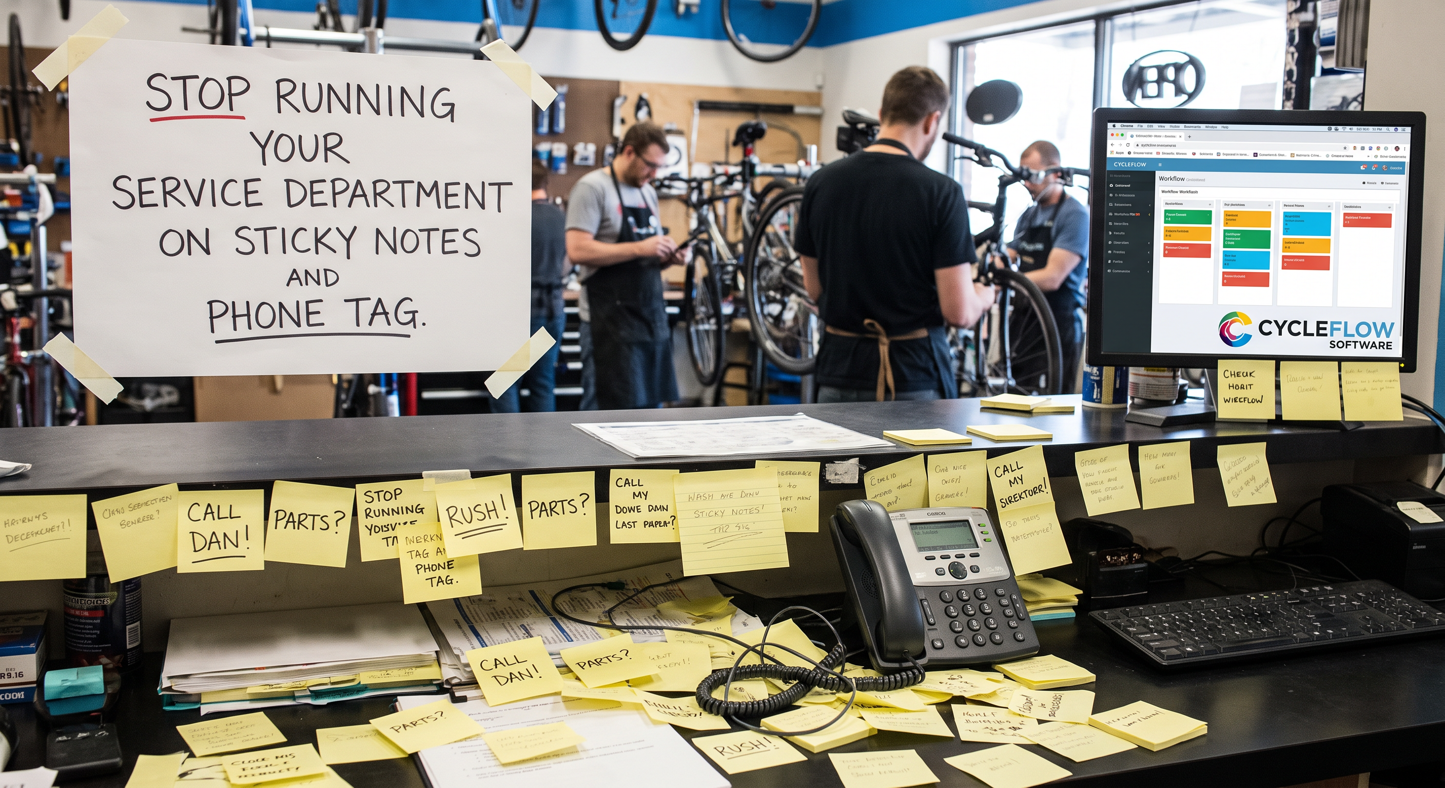 Mechanics at work in the bike co. service bay